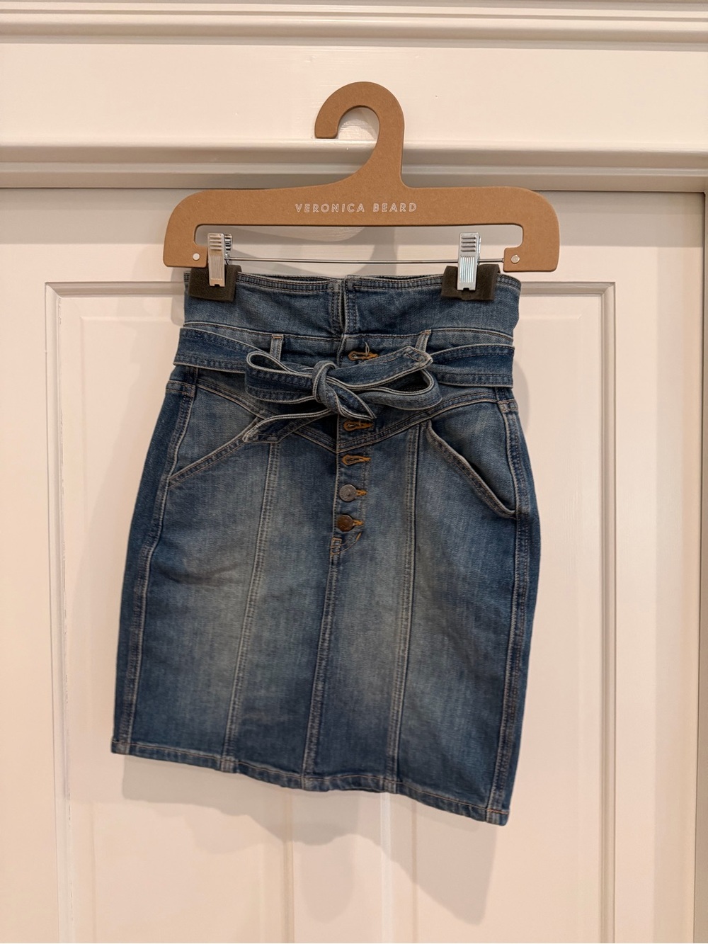 Veronica Beard Blue Denim High-Waist Button Skirt with Tie